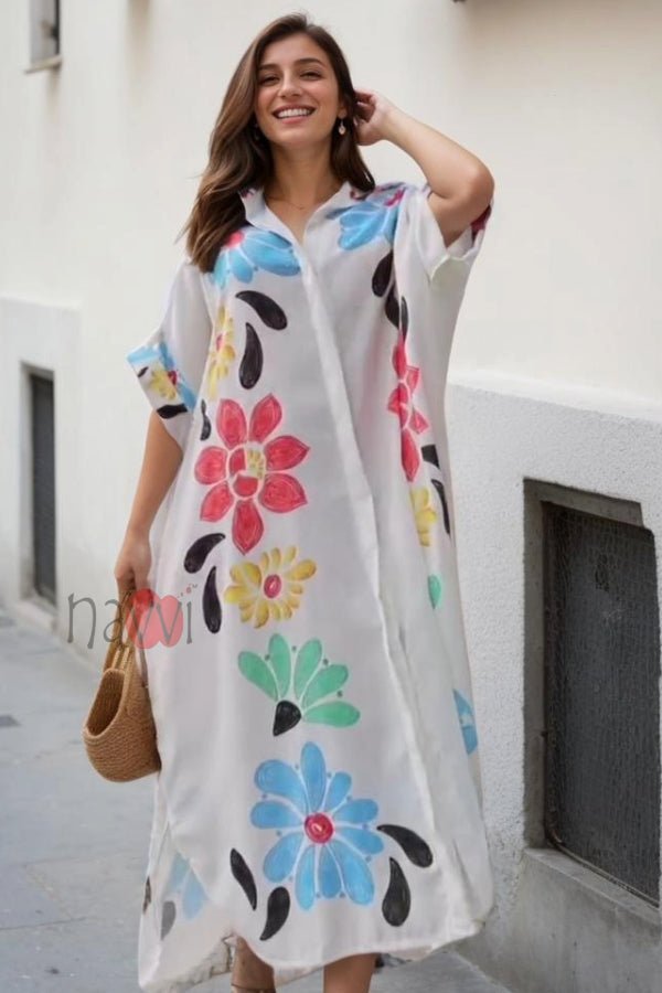 Minimal Printed White Floral Shirt Dress - Navvi.in