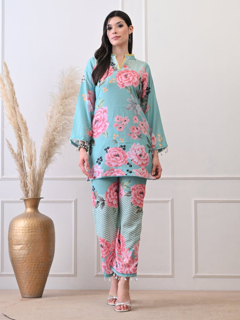 Mint Green Floral Printed Co - ord Set for Women - Navvi.in