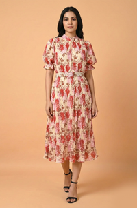 Pleated Pink Floral Dress - Navvi.in
