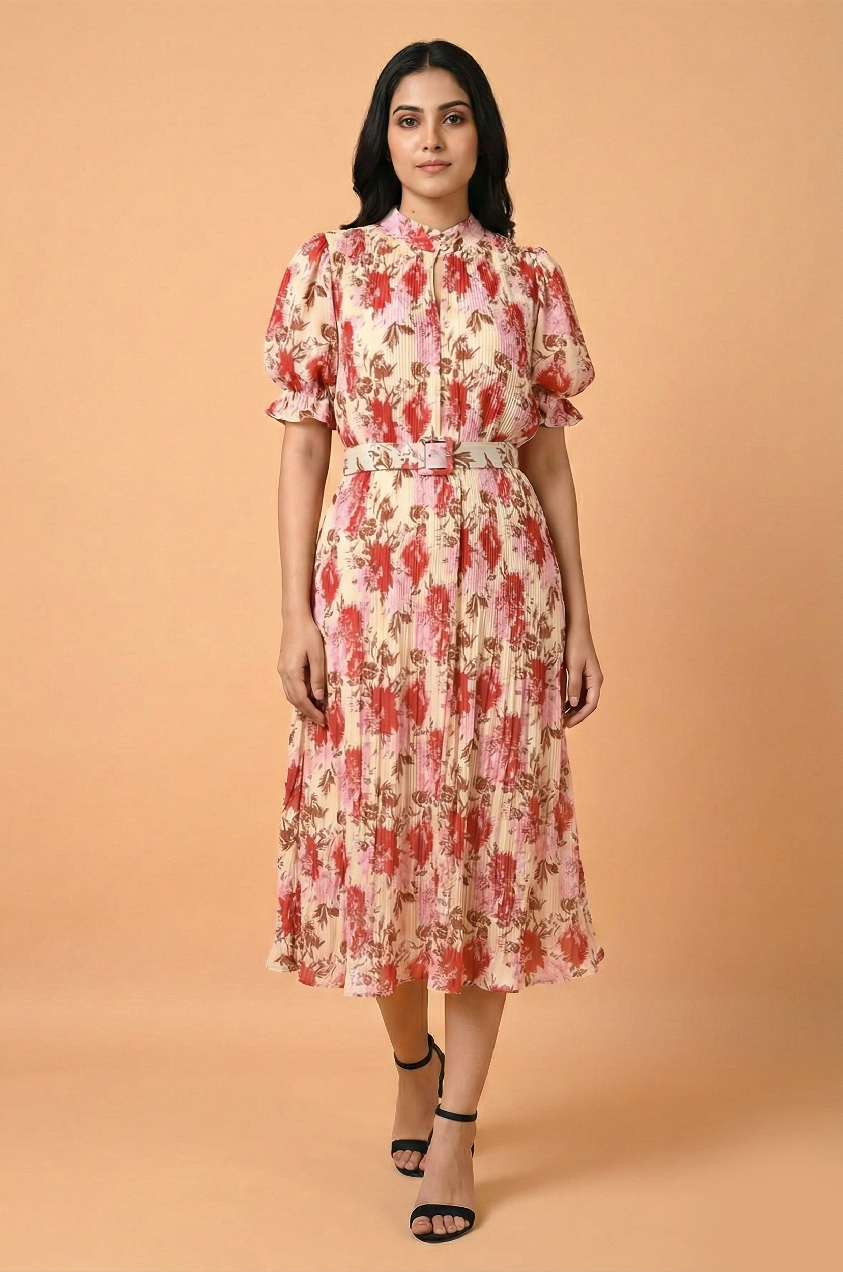 Pleated Pink Floral Dress - Navvi.in