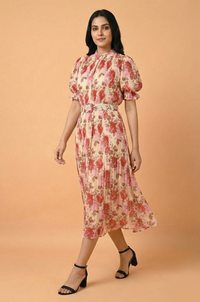 Pleated Pink Floral Dress - Navvi.in