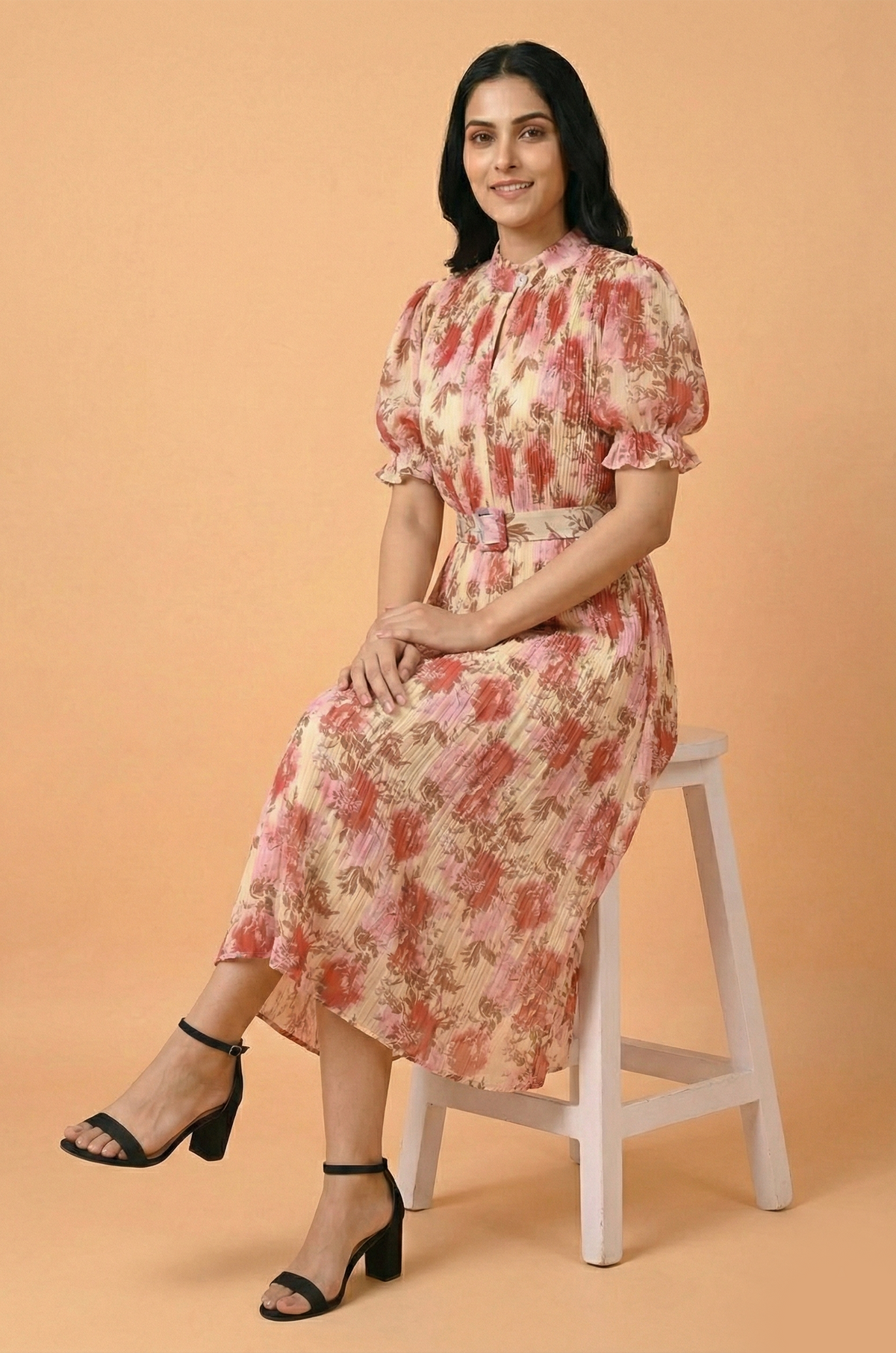 Pleated Pink Floral Dress - Navvi.in