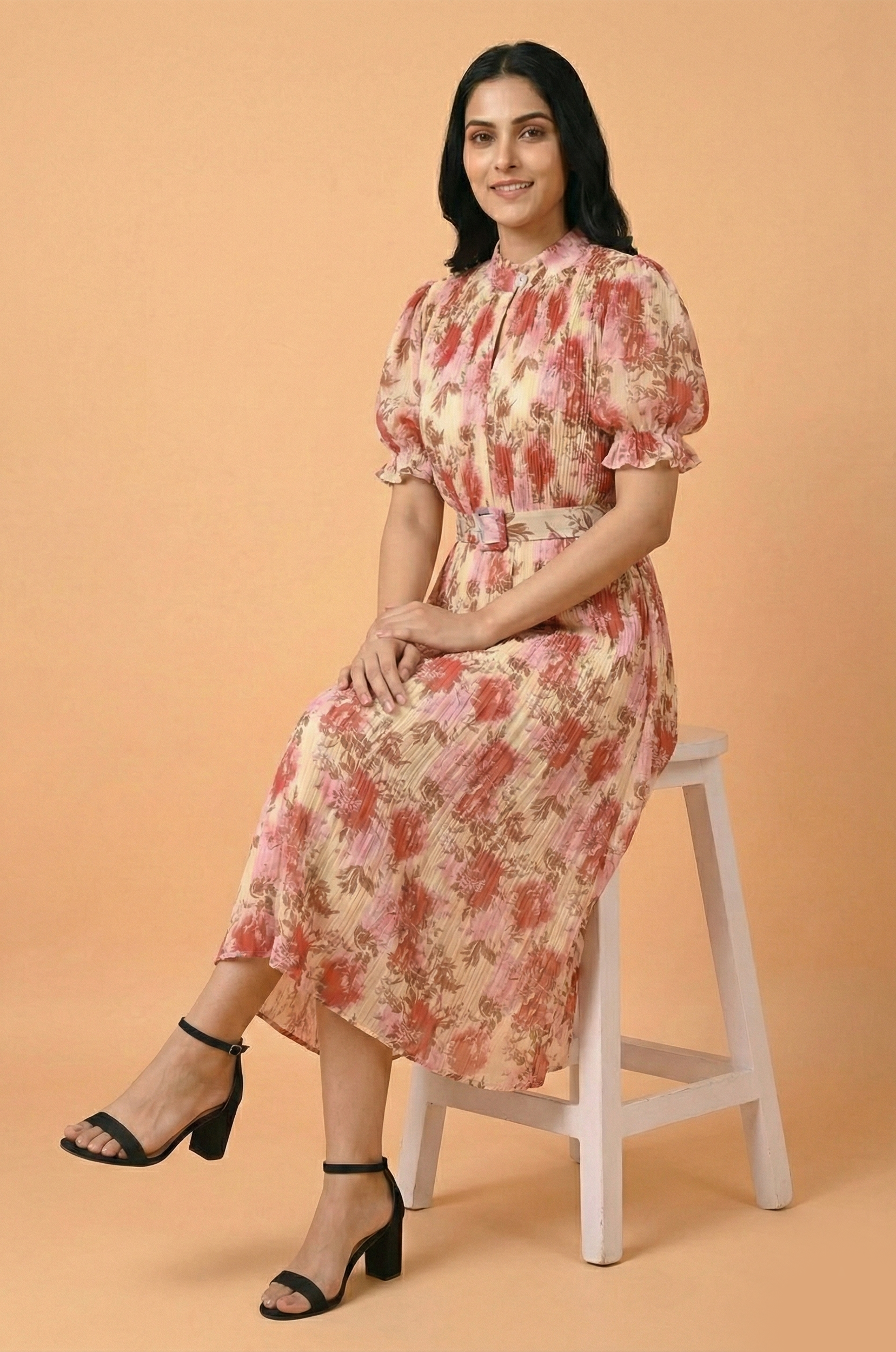 Pleated Pink Floral Dress - Navvi.in