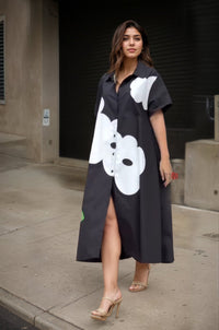 Modern Black A - line Shirt Dress with Flower Design - Navvi.in