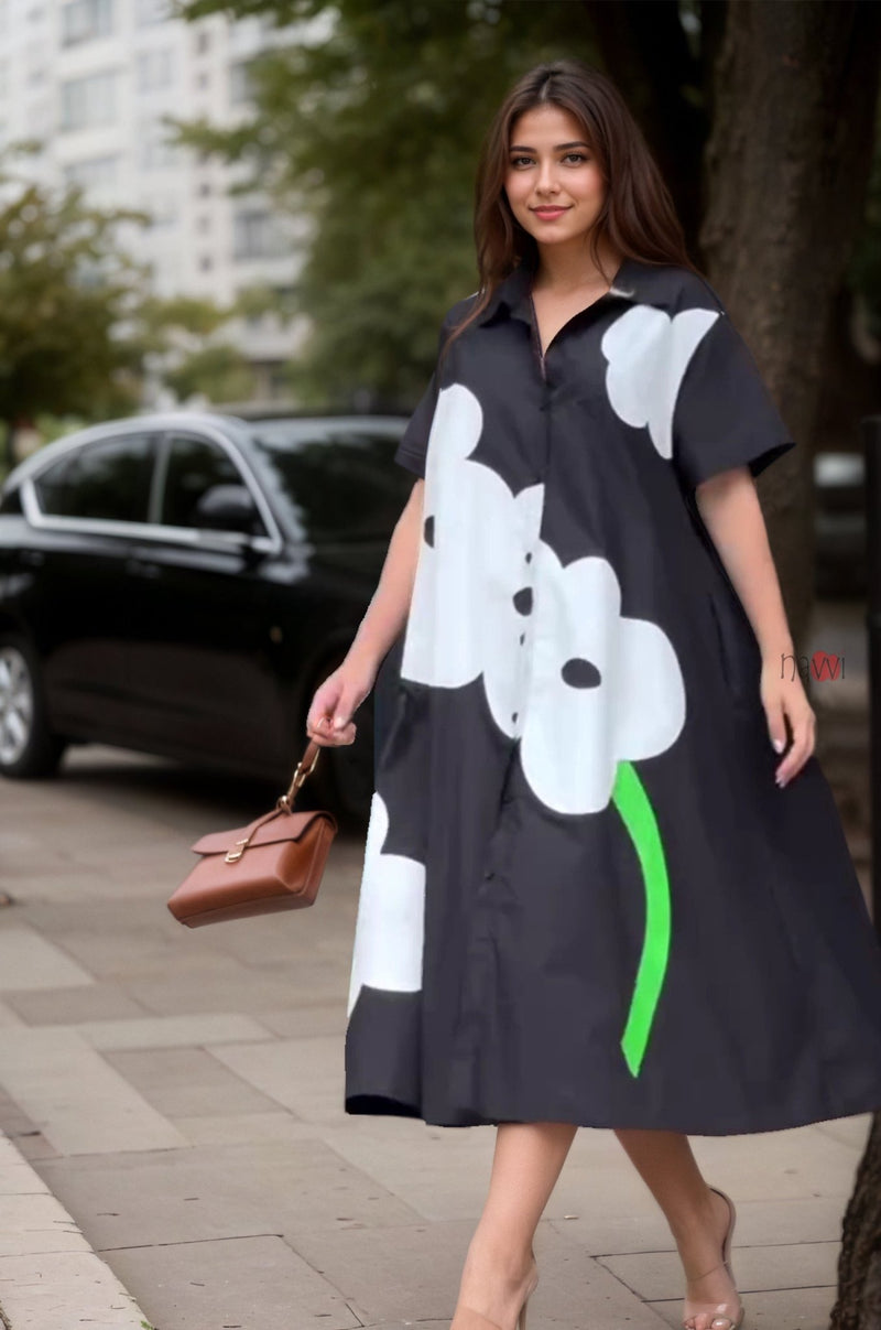 Modern Black A - line Shirt Dress with Flower Design - Navvi.in