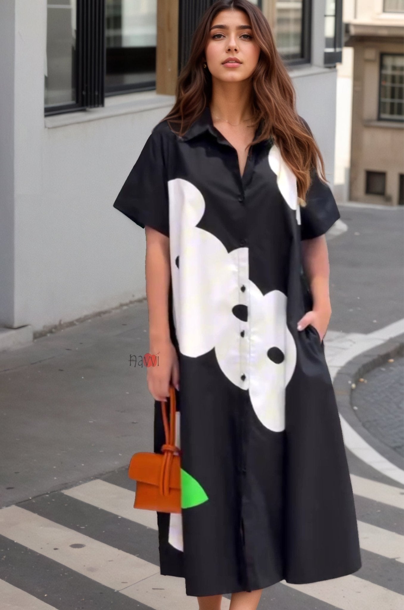 Modern Black A - line Shirt Dress with Flower Design - Navvi.in