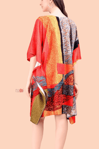 Multicolour Abstact Print Silk Kaftan Dress - Navvi.in