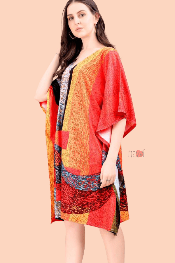 Multicolour Abstact Print Silk Kaftan Dress - Navvi.in