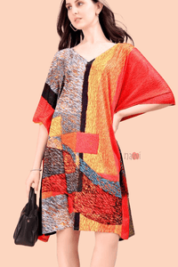Multicolour Abstact Print Silk Kaftan Dress - Navvi.in