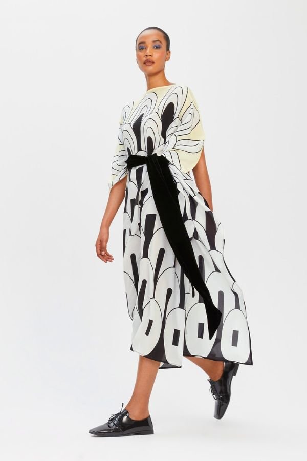 Mushroom Silk Crepe Kaftan Dress - Navvi.in