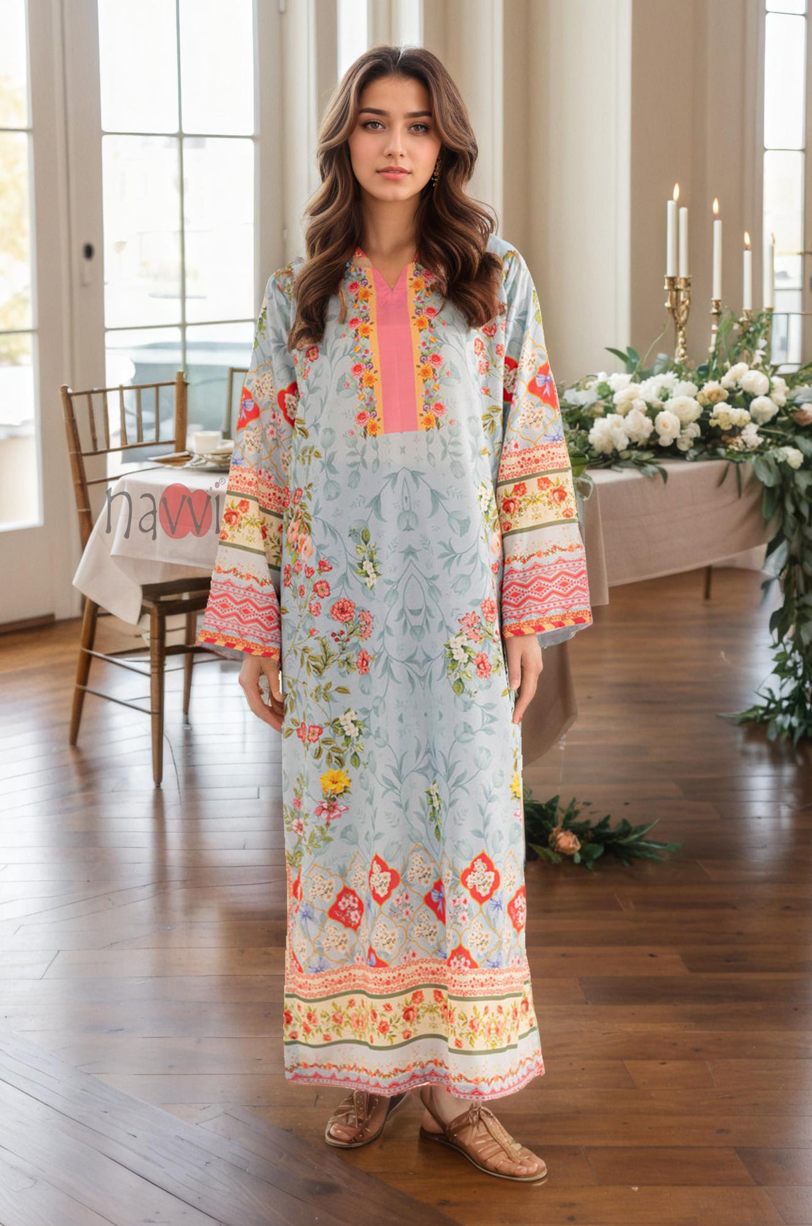 Pastel Floral Printed Kaftan Dress