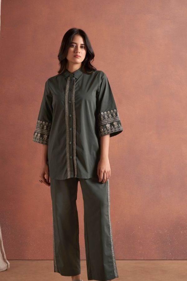 Olive Green Embroidery Co - Ord Set With Pants - Navvi.in