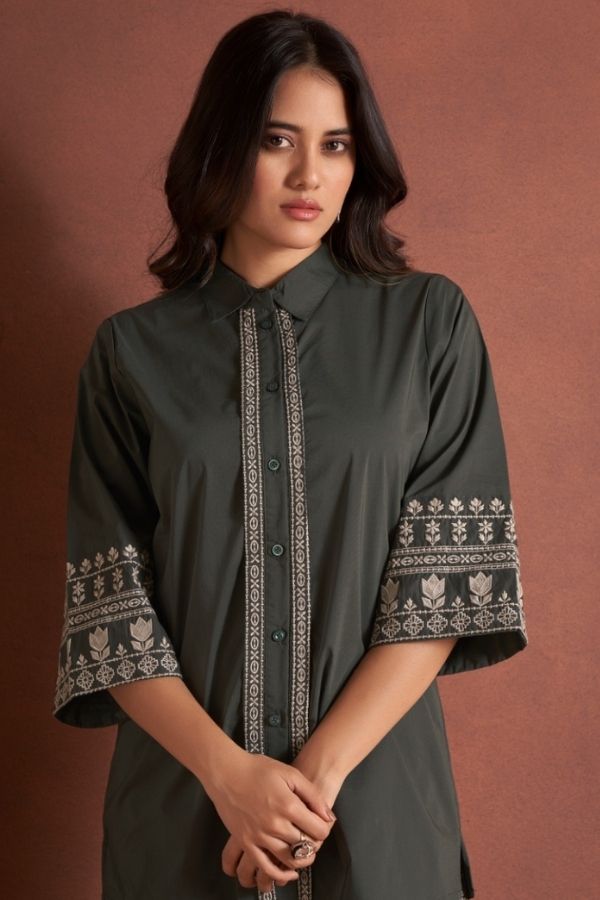 Olive Green Embroidery Co - Ord Set With Pants - Navvi.in