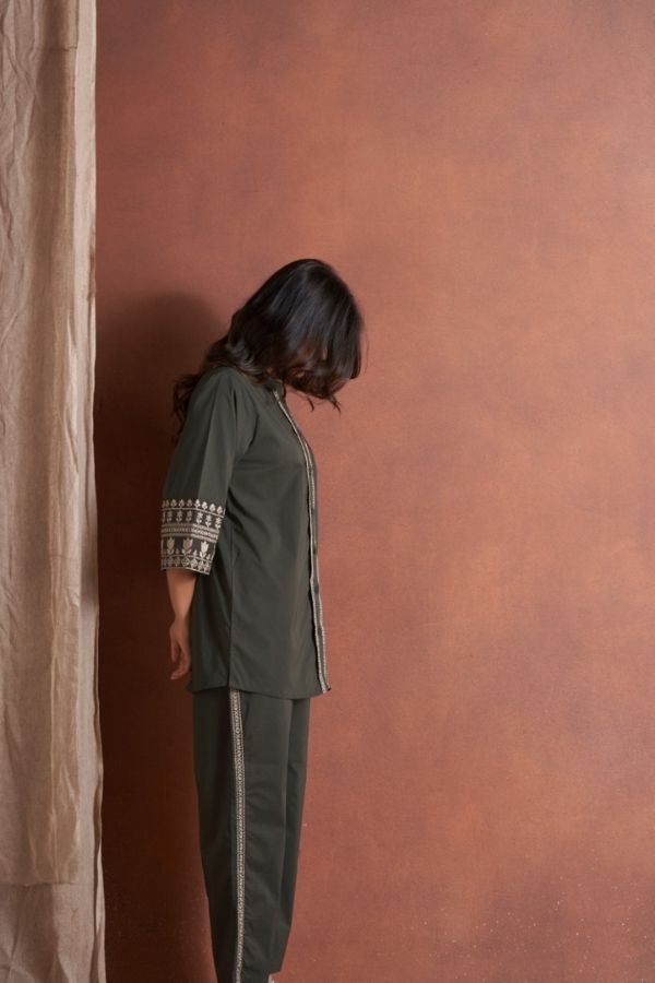 Olive Green Embroidery Co - Ord Set With Pants - Navvi.in