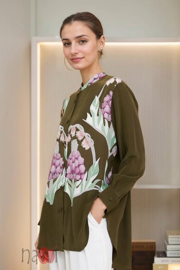 Olive Green Floral Print Button - Down Shirt - Navvi.in