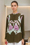 Olive Green Floral Print Button - Down Shirt - Navvi.in
