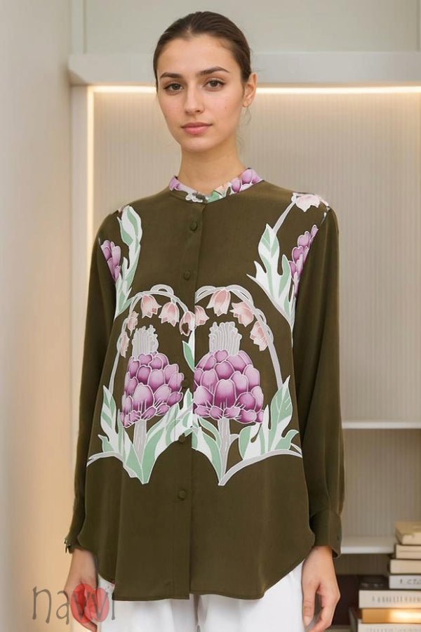 Olive Green Floral Print Button - Down Shirt - Navvi.in