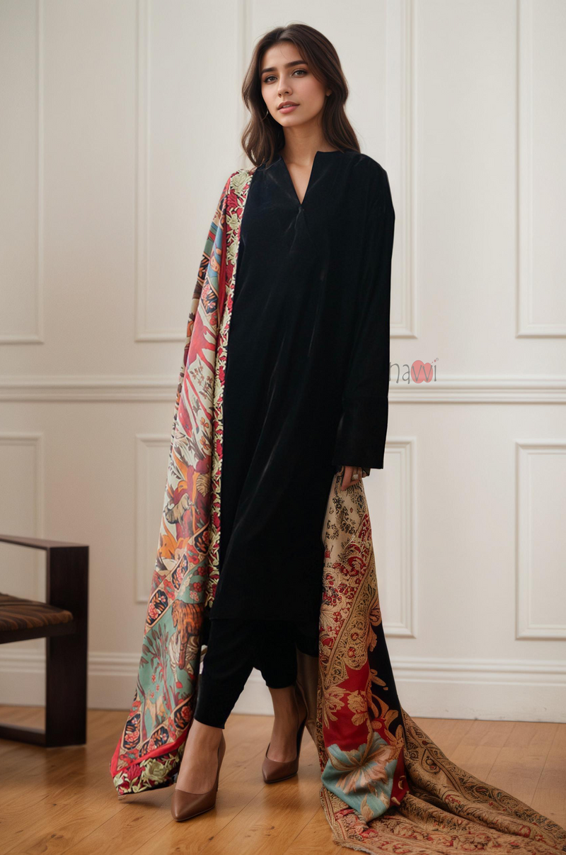 Black Ice Velvet Kurta Set Winter wear