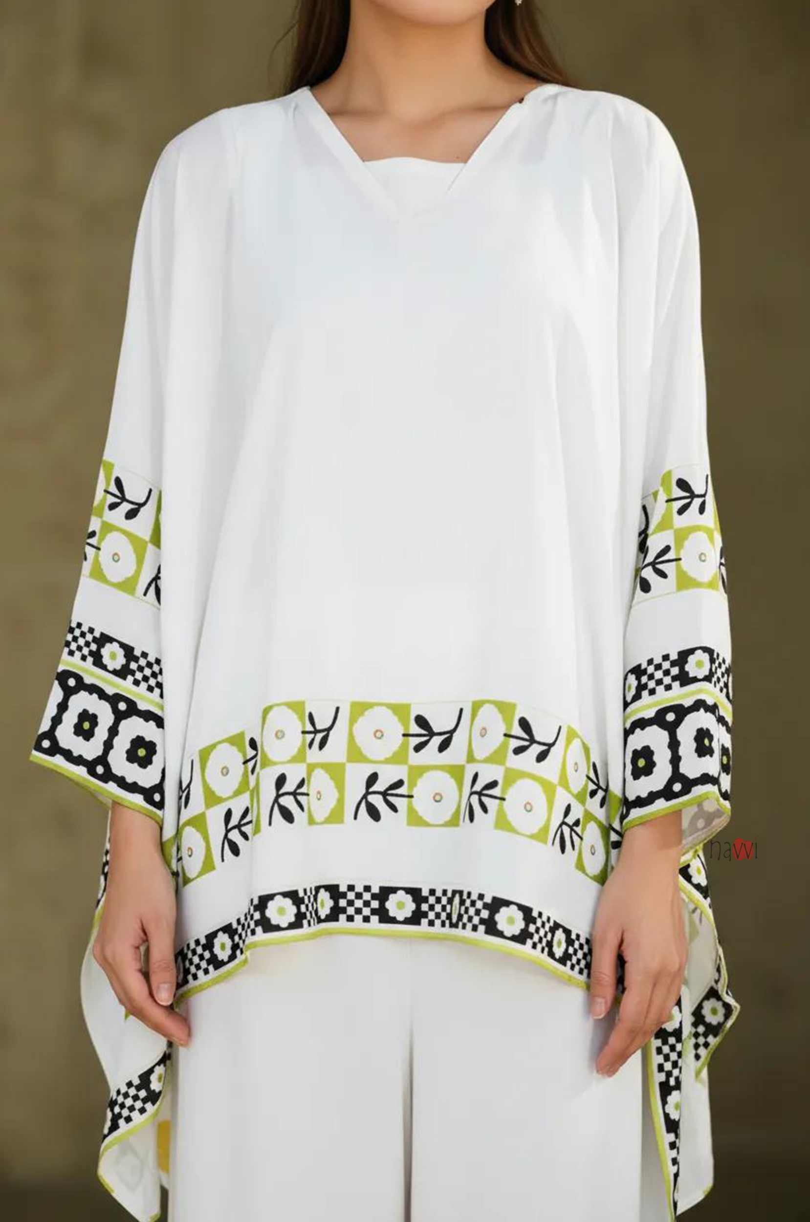 Ivory Printed Kaftan Top with Wide-Leg Pants – Modern Chic Co-Ord Set