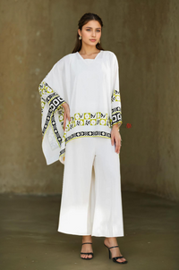 Ivory Printed Kaftan Top with Wide-Leg Pants – Modern Chic Co-Ord Set