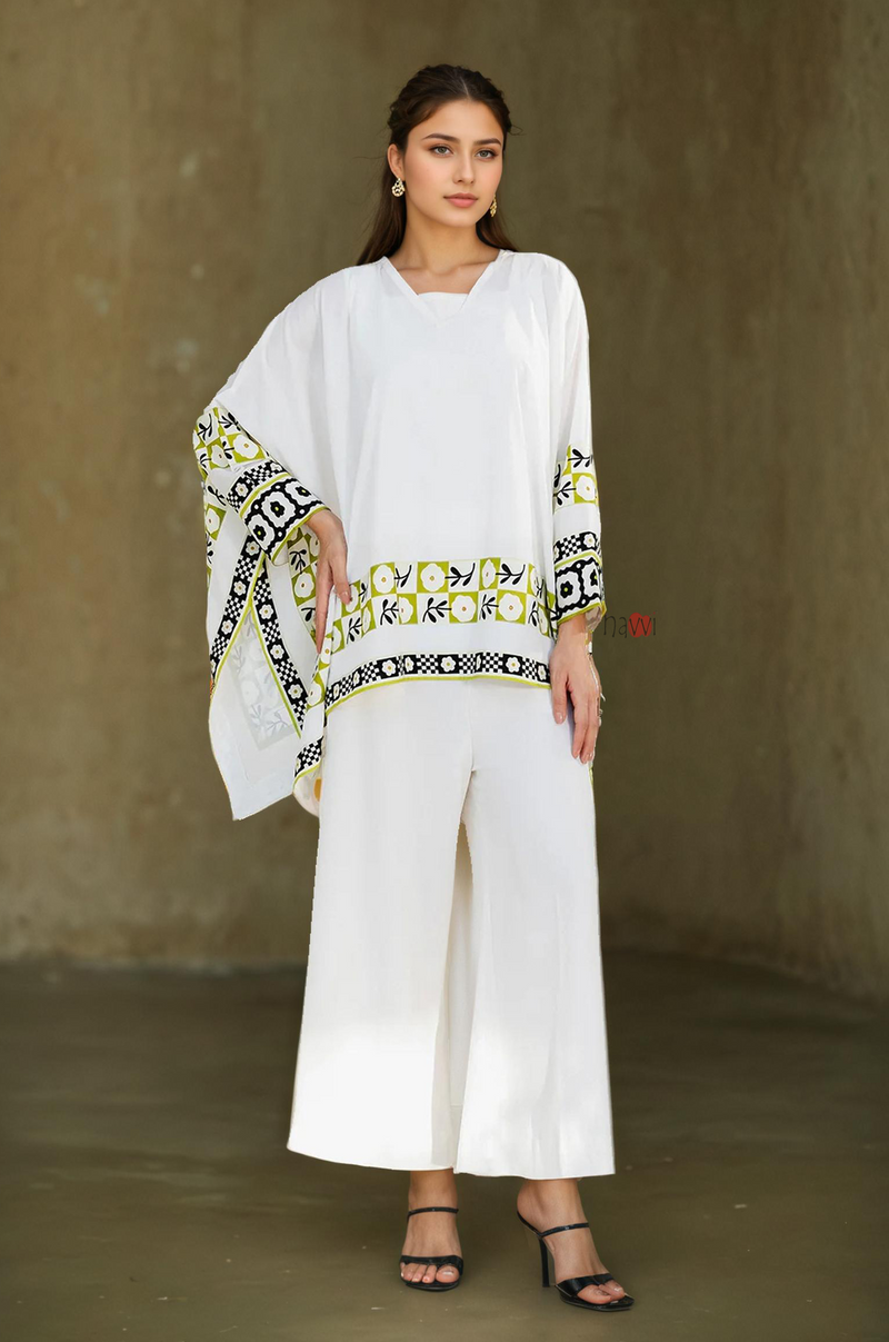 Ivory Printed Kaftan Top with Wide-Leg Pants – Modern Chic Co-Ord Set