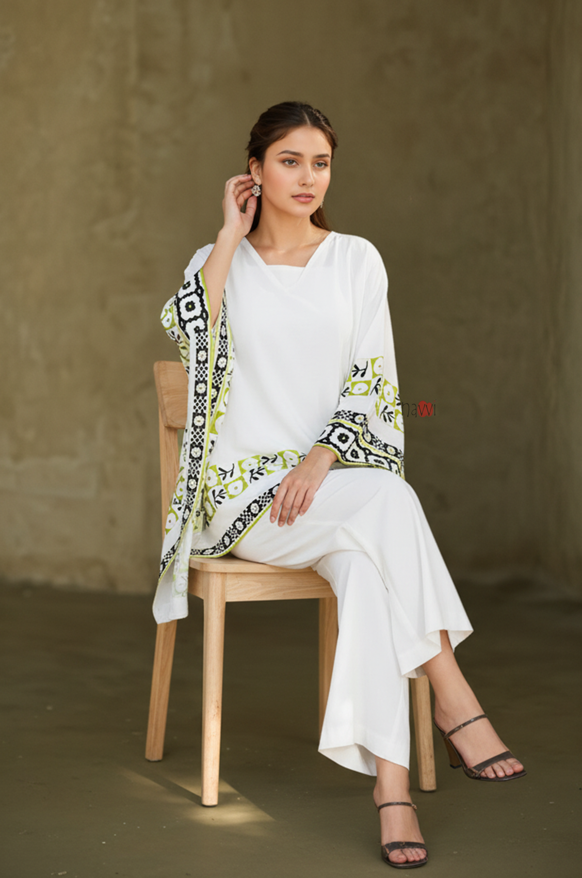 Ivory Printed Kaftan Top with Wide-Leg Pants – Modern Chic Co-Ord Set