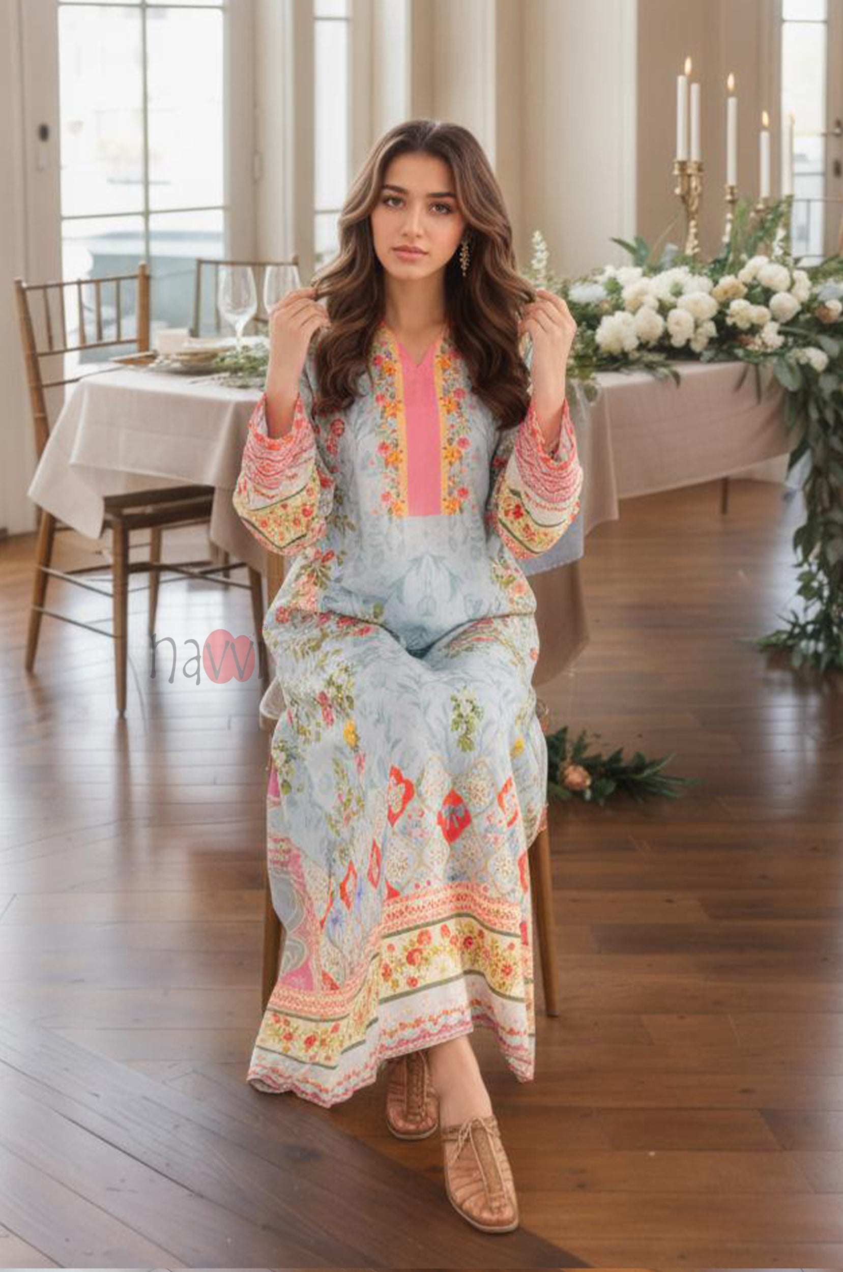 Pastel Floral Printed Kaftan Dress