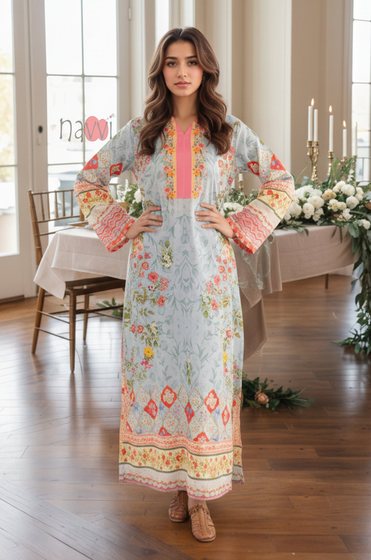 Pastel Floral Printed Kaftan Dress