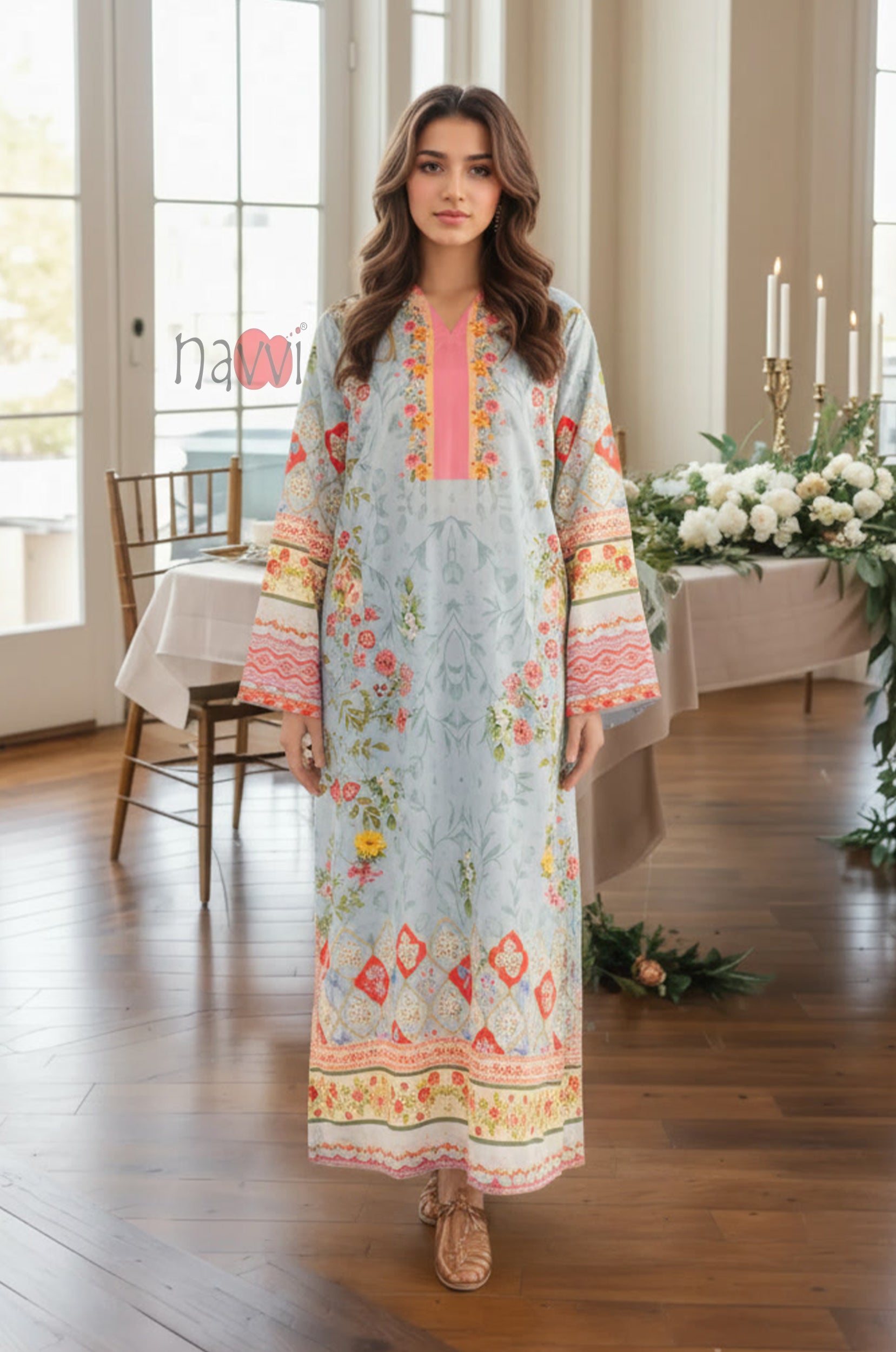 Pastel Floral Printed Kaftan Dress