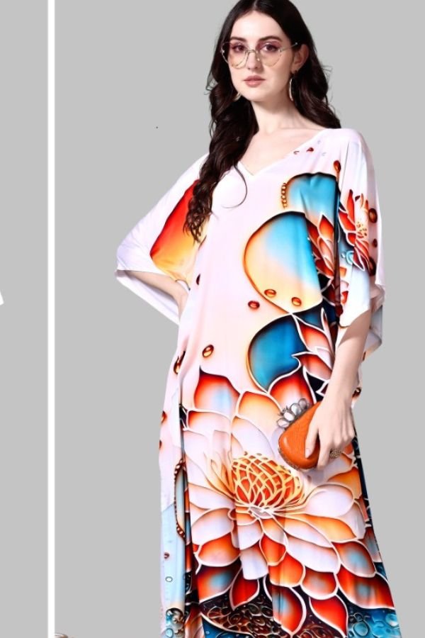 Orange and Blue Pattern Printed Kaftan - Navvi.in