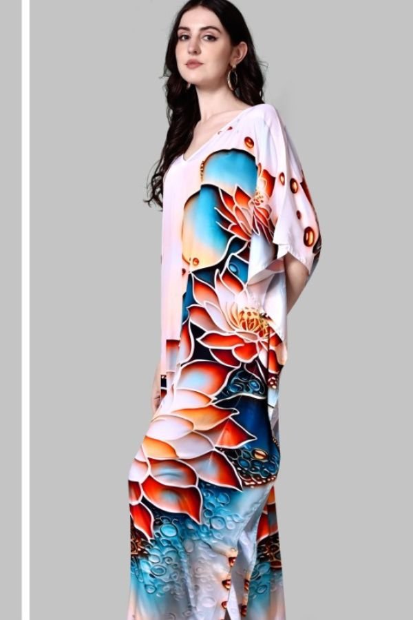 Orange and Blue Pattern Printed Kaftan - Navvi.in