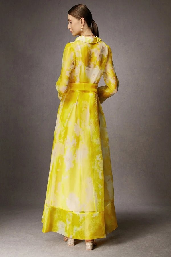 Organza Silk Yellow Printed Dress - Navvi.in