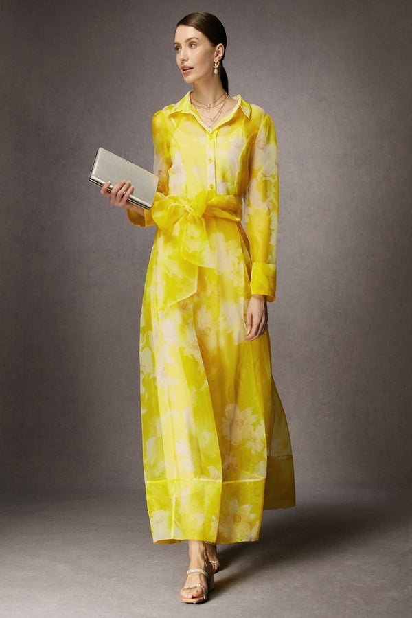Organza Silk Yellow Printed Dress - Navvi.in