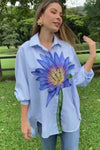 Oversized Striped Shirt with Blue Lotus Print - Navvi.in