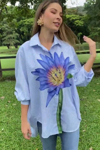 Oversized Striped Shirt with Blue Lotus Print - Navvi.in
