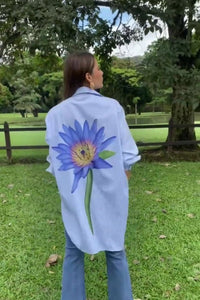 Oversized Striped Shirt with Blue Lotus Print - Navvi.in