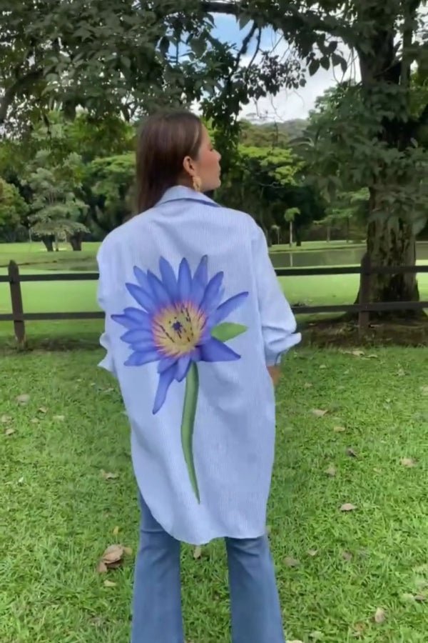 Oversized Striped Shirt with Blue Lotus Print - Navvi.in