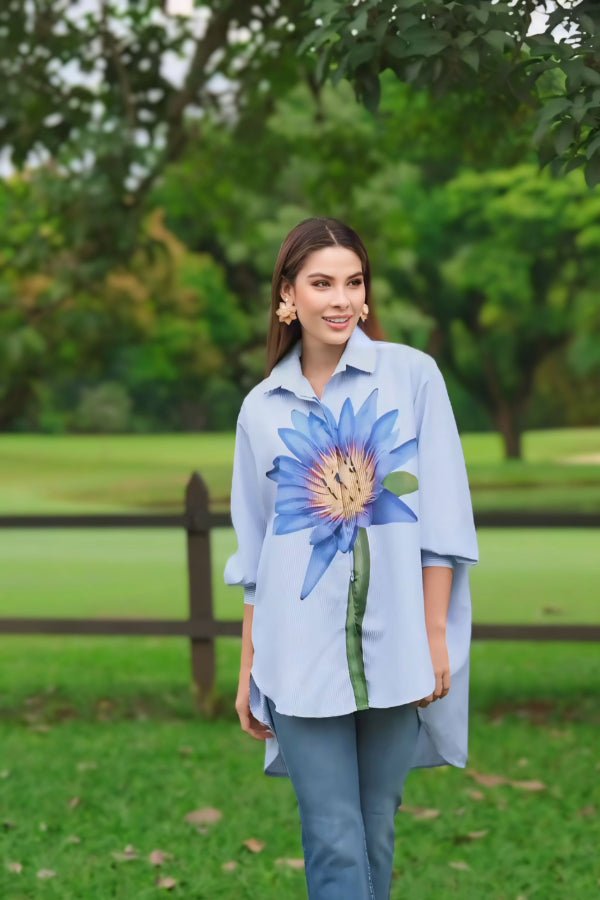 Oversized Striped Shirt with Blue Lotus Print - Navvi.in