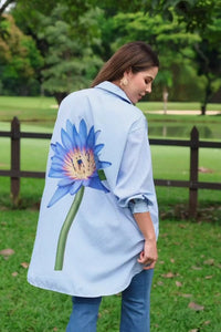 Oversized Striped Shirt with Blue Lotus Print - Navvi.in