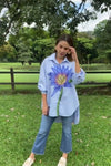Oversized Striped Shirt with Blue Lotus Print - Navvi.in
