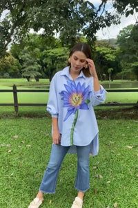 Oversized Striped Shirt with Blue Lotus Print - Navvi.in
