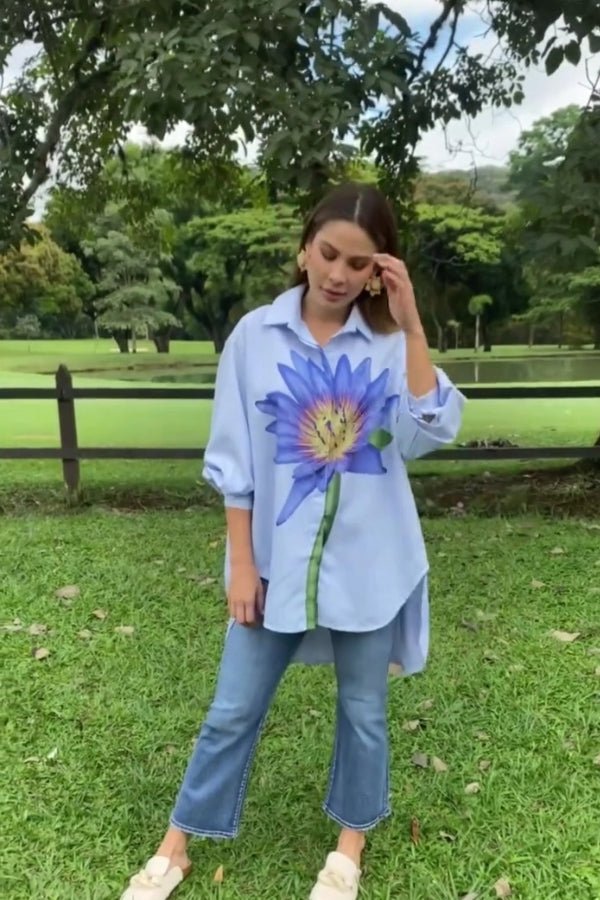 Oversized Striped Shirt with Blue Lotus Print - Navvi.in