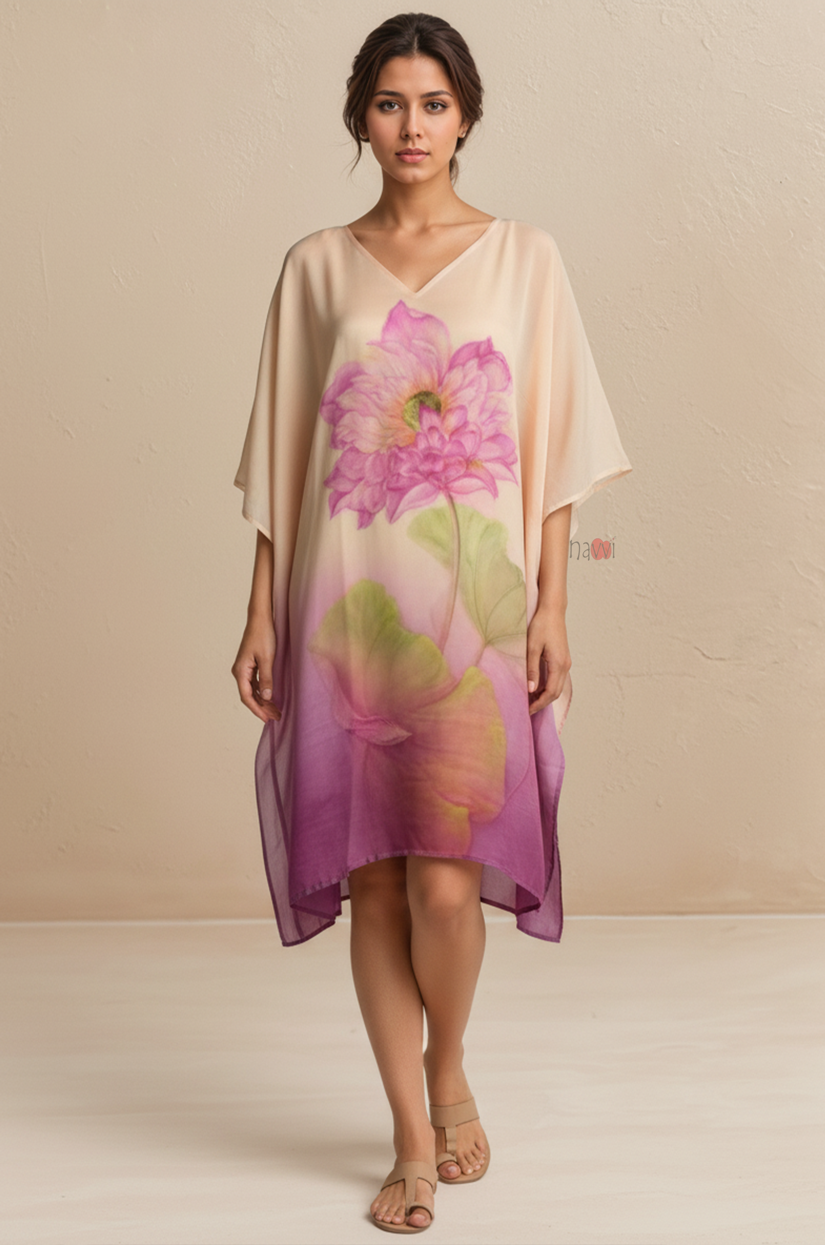 Soft Pink Watercolor Floral Kaftan Dress