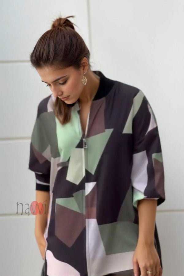 Patch Printed Dress With Front Zip - Navvi.in