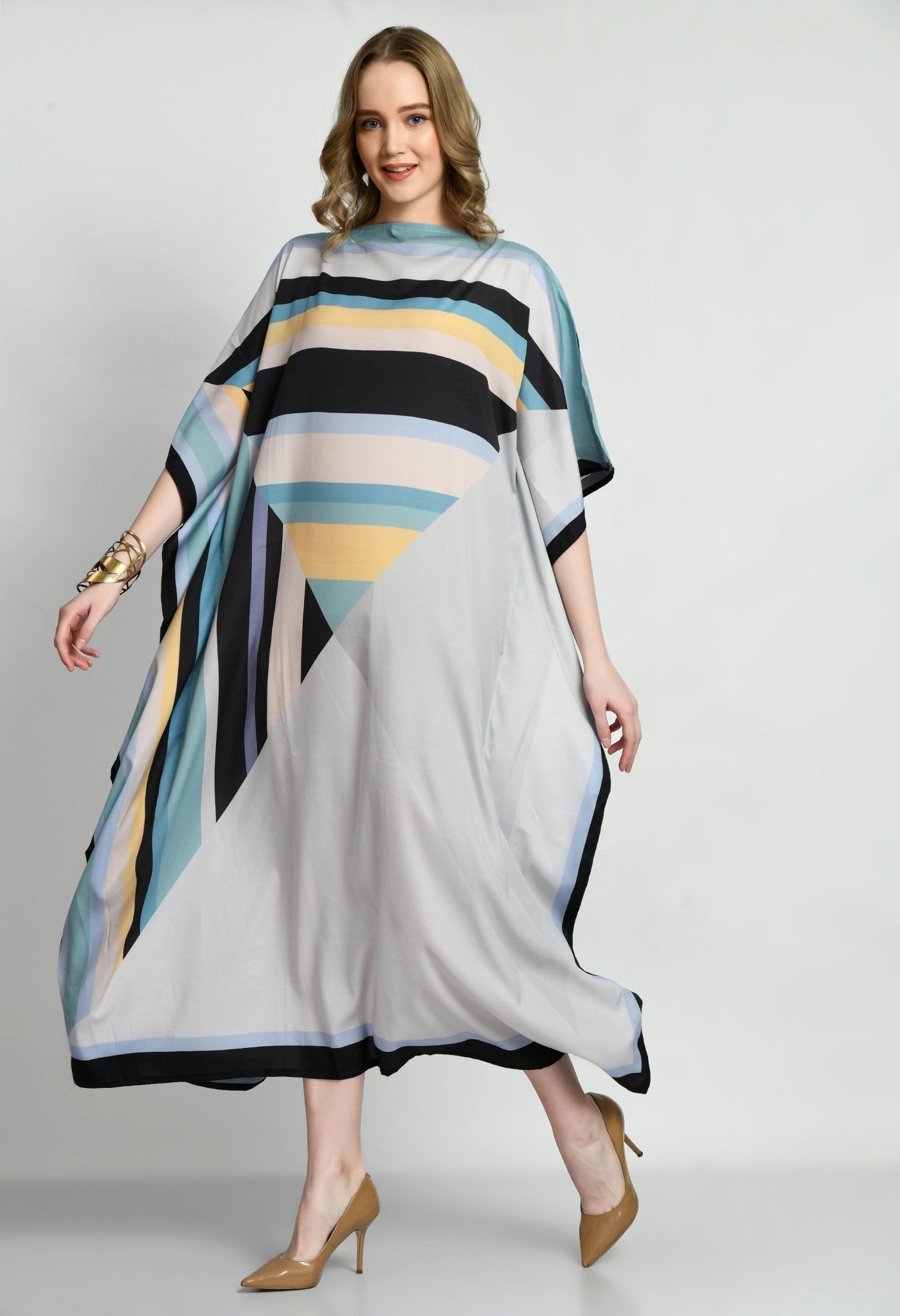 Patterned Silk Kaftan Dress - Navvi.in
