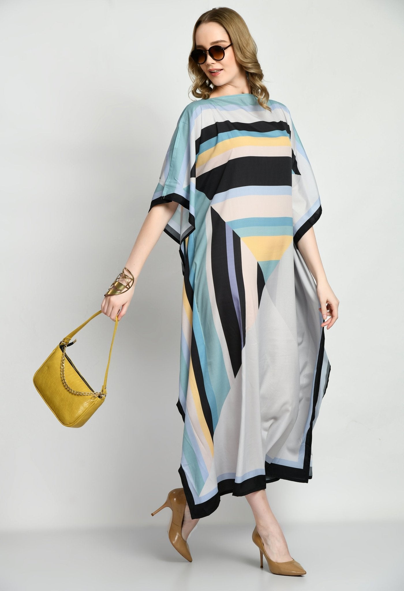 Patterned Silk Kaftan Dress - Navvi.in