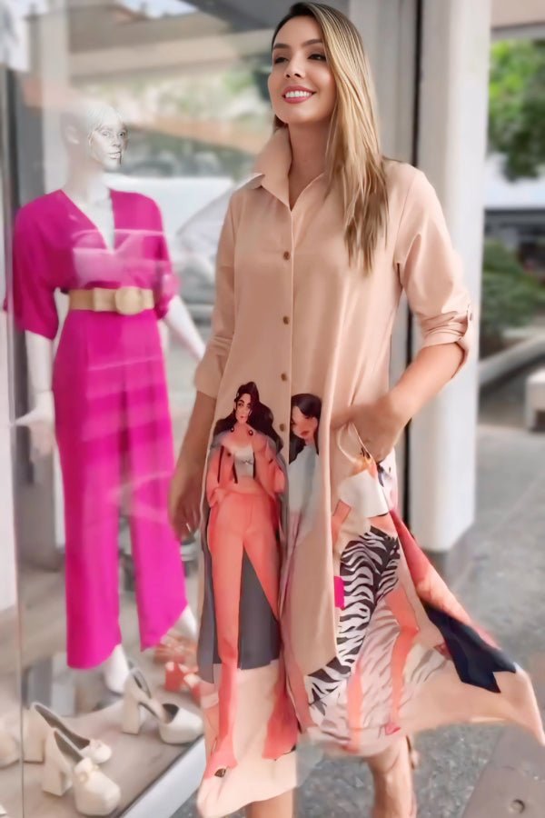 Peach Button - Down Shirt Dress - Navvi.in