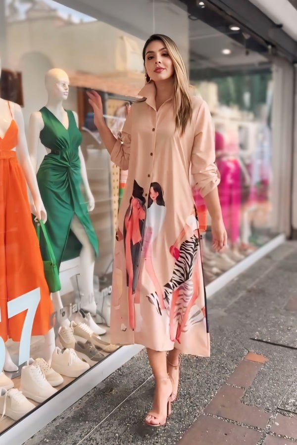 Peach Button - Down Shirt Dress - Navvi.in