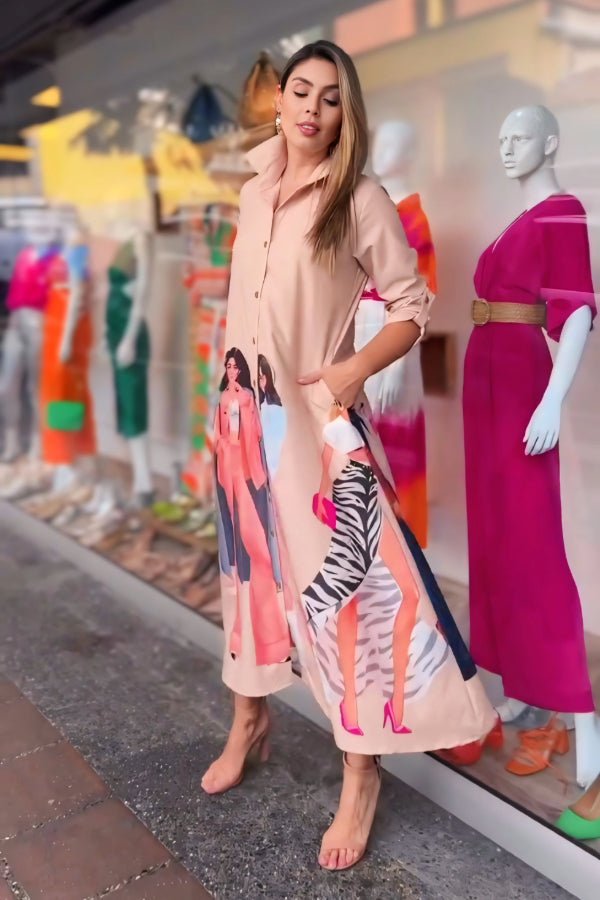 Peach Button - Down Shirt Dress - Navvi.in