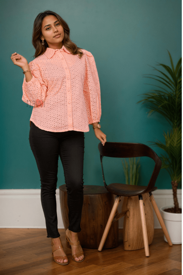 Peach Eyelet Cotton Shirt - Navvi.in